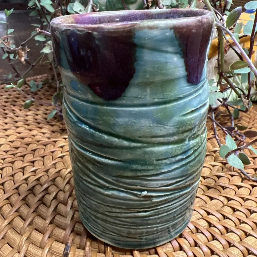 Handcrafted Abstract Terracotta Vase. Maroon, Green, Glossed